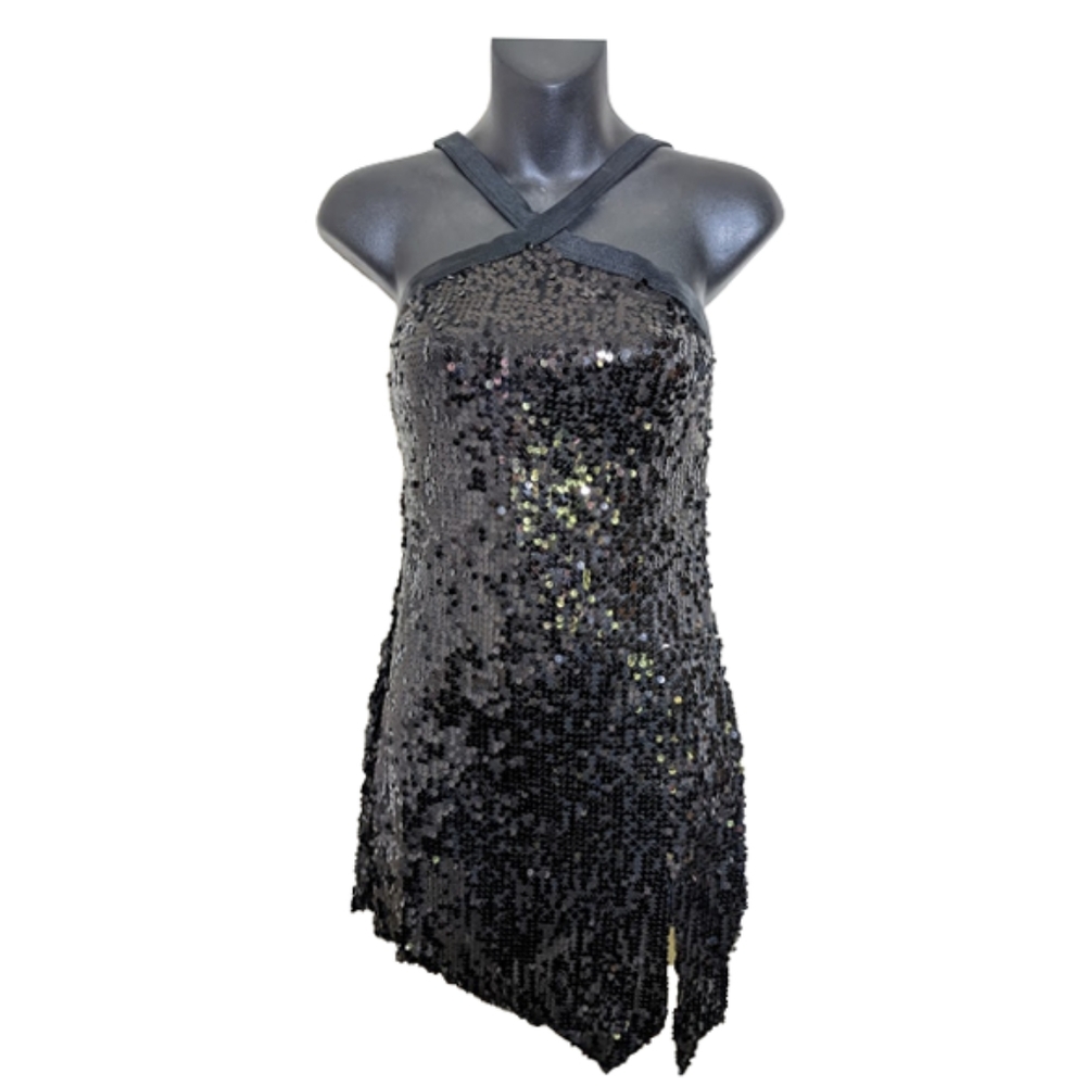 BALERA Black Sequin Cross Front Performance Mini Dress